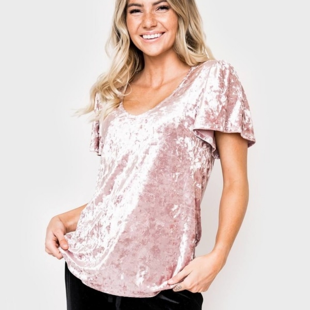 Gibson Crushed Velvet Flutter Sleeve Top NWT szL